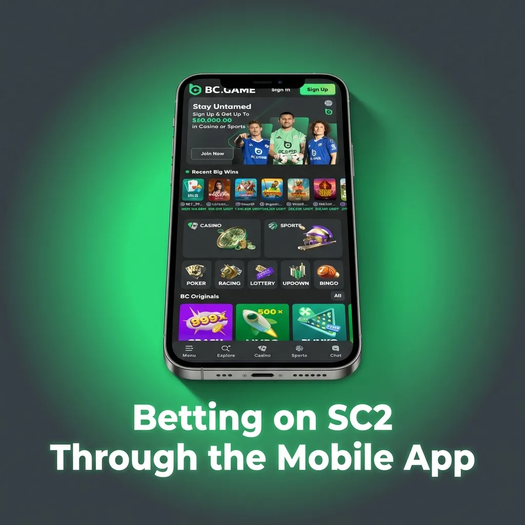 BC Game mobile app interface showing StarCraft II betting options and esports menu on smartphone screen