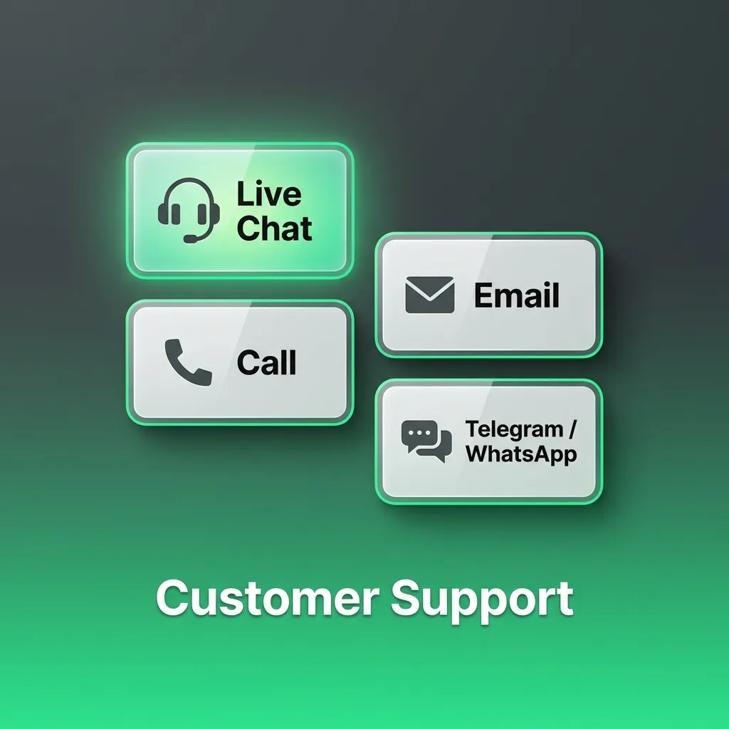 BC Game customer support options showing 24/7 live chat, email, help centre, and Telegram with response times