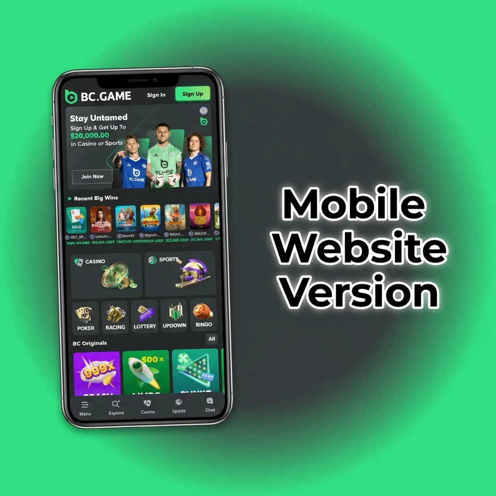 BC Game mobile site interface showing responsive design for betting and casino games on smartphone browser