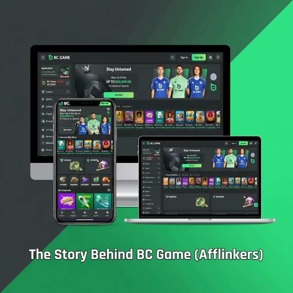 BC Game logo with Curacao license info, founded 2017, featuring cricket betting and casino gaming partnerships